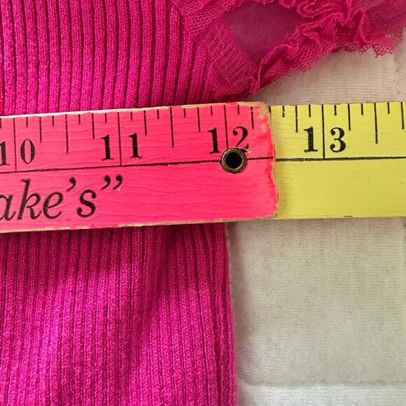 On Twelfth Top Womens Small Hot Pink Sheer Puff Sleeve Dainty Milkmaid Coquette - Picture 11 of 12